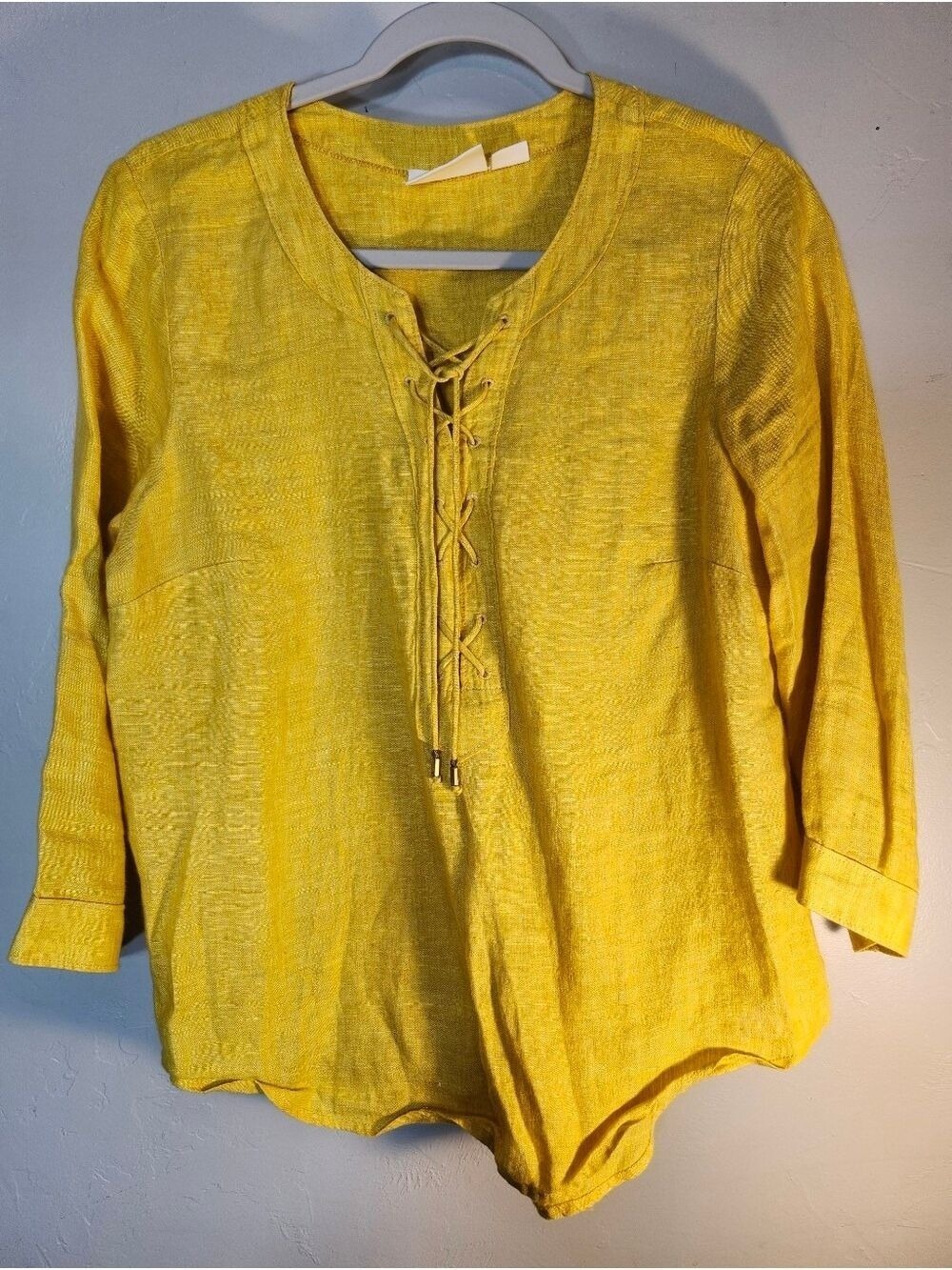 Anthropologie Maeve Yellow 100% Linen Lace-Up V-Neck Top